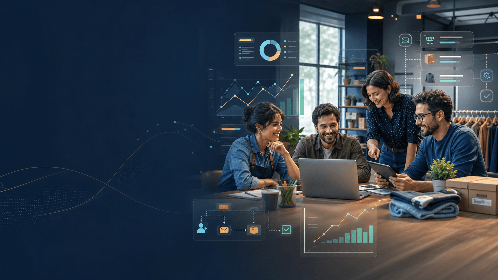 Equipo de una pyme chilena trabajando con herramientas digitales y paneles de tecnología.